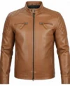 Classic Men's Cafe Racer Genuine Leather Jacket brown front view
