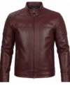 Classic Men's Cafe Racer Genuine Leather Jacket burgandy front view