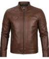 Classic Men's Cafe Racer Genuine Leather Jacket light brown front view