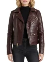 Crocodile Pattern Leather Moto Maroon Jacket
