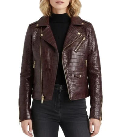 Crocodile Pattern Leather Moto Maroon Jacket