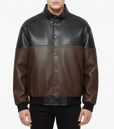 Dual Tone Leather Bomber Jacket Front