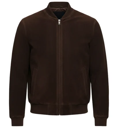Liam Dark Brown Zipper Suede Leather Bomber Jacket front view