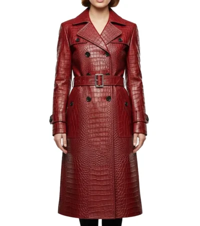 Maroon Croc-Embossed Leather Trench Coat