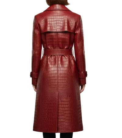 Maroon Croc-Embossed Leather Trench Coat Back
