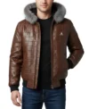 Men’s Brown Quilted Leather Fur Hood Jacket