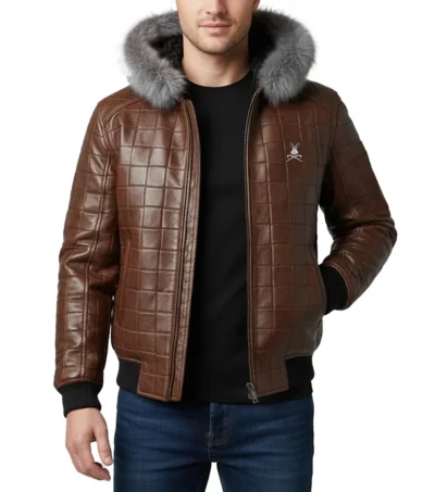 Men’s Brown Quilted Leather Fur Hood Jacket
