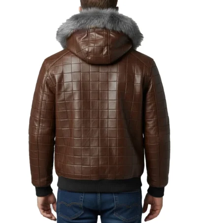 Men’s Brown Quilted Leather Fur Hood Jacket Back