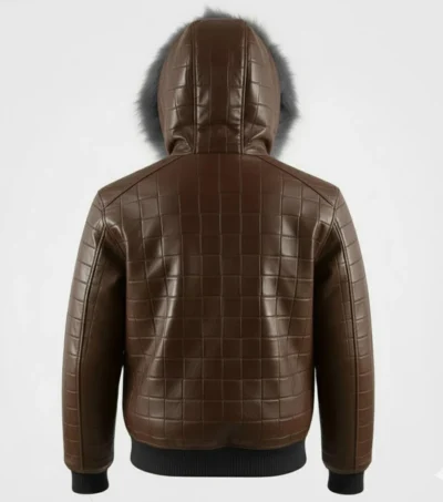 Men’s Brown Quilted Leather Fur Hood Jacket Back Look