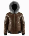 Men’s Brown Quilted Leather Fur Hood Jacket Front