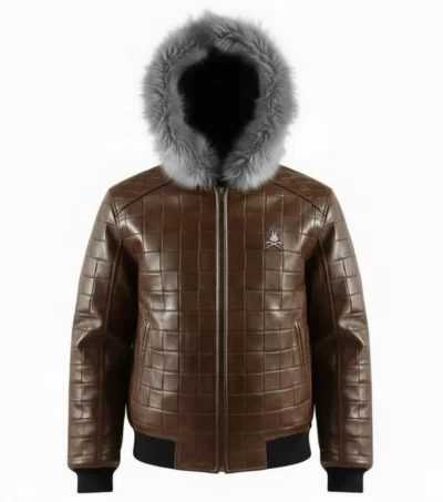 Men’s Brown Quilted Leather Fur Hood Jacket Front