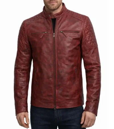 Men's Red Quilted Cafe Racer Leather Jacket