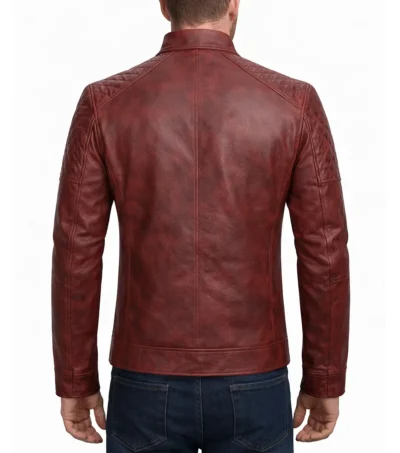 Men's Red Quilted Cafe Racer Leather Jacket back view