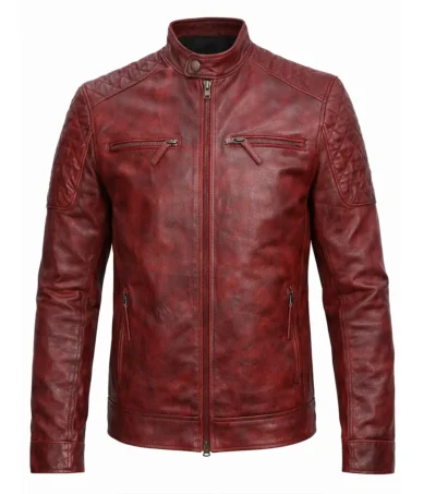 Men's Red Quilted Cafe Racer Leather Jacket front view