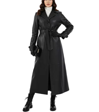 Sophia Single Breasted Black Leather Trench Coat