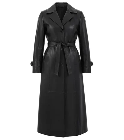 Sophia Single Breasted Black Leather Trench Coat front view
