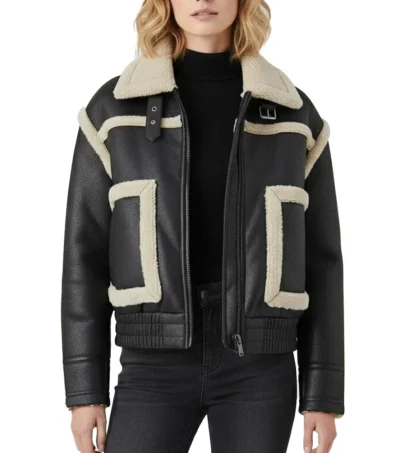 Two Big Side Pockets Black Leather Bomber Jacket