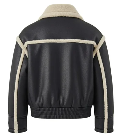 Two Big Side Pockets Black Leather Bomber Jacket Back