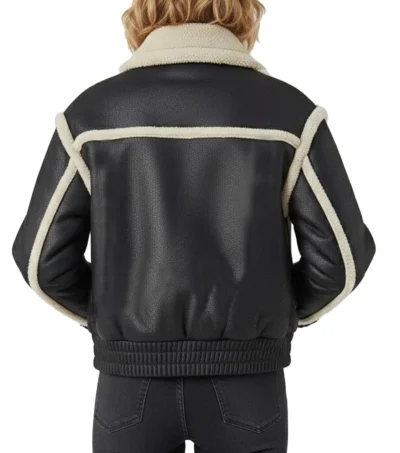 Two Big Side Pockets Black Leather Bomber Jacket Back Look