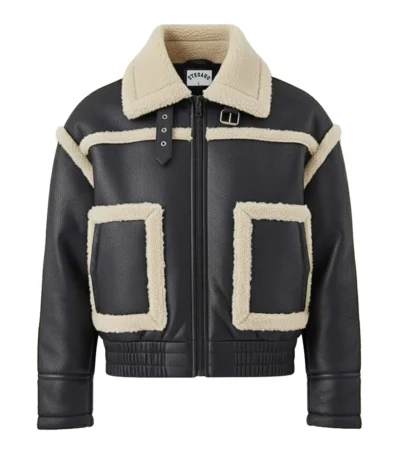 Two Big Side Pockets Black Leather Bomber Jacket Front