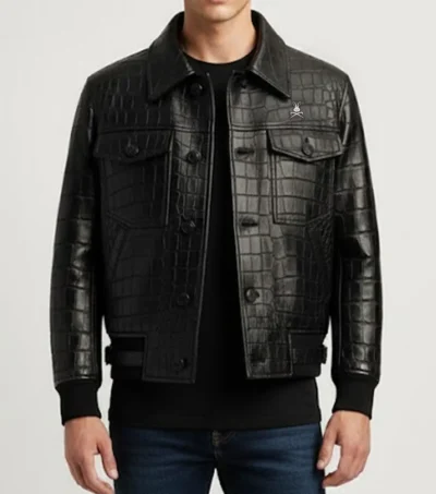 Viper Black Croc Leather Jacket Front
