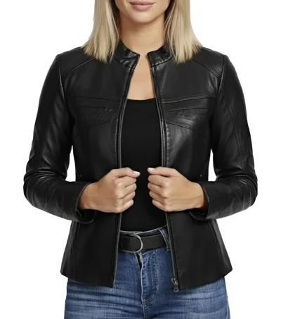 Women's Black Cafe Racer Slim Fit Leather Jacket