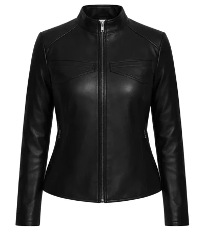 Women's Black Cafe Racer Slim Fit Leather Jacket front view