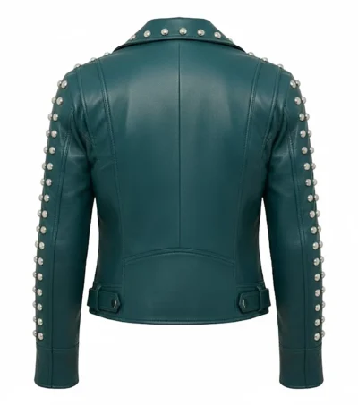 Buy Sofia Studded Shoulder Jade Green Leather Jacket
