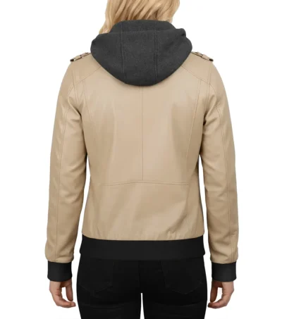 Buy Women's Bomber Leather Jacket with Removable Hood Beeige