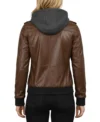 Buy Women's Bomber Leather Jacket with Removable Hood Coffee Brown