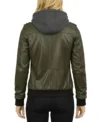 Buy Women's Bomber Leather Jacket with Removable Hood Coffee Olive Green