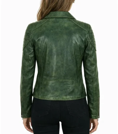 Buy Women's Green Distressed Genuine Leather Biker Style Jacket