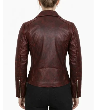 Buy Women’s Maroon Distressed Waxed Leather Biker Jacket