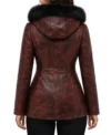 Buy Women's Maroon Distressed Waxed Leather Hooded Jacket