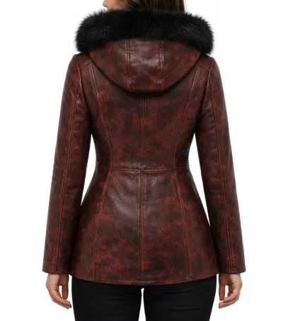 Buy Women's Maroon Distressed Waxed Leather Hooded Jacket