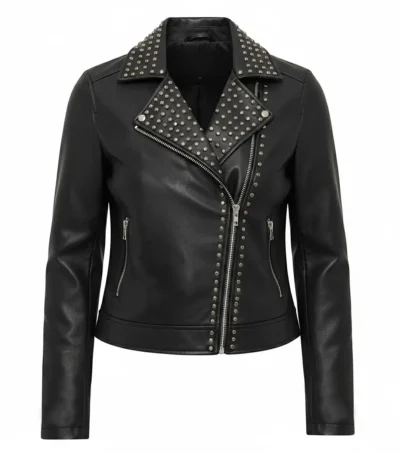 Evelyn Round Studded Leather Biker Jacket