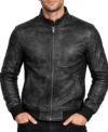 Men’s Black Waxed Leather Bomber Slim fit Jacket