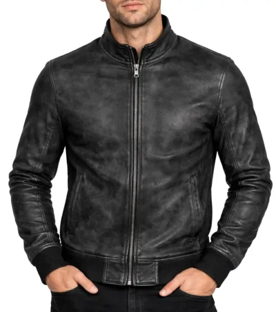 Men’s Black Waxed Leather Bomber Slim fit Jacket