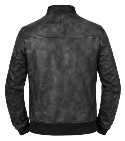 Men’s Black Waxed Leather Bomber Slim fit Jacket back view