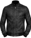 Men’s Black Waxed Leather Bomber Slim fit Jacket front view