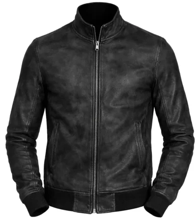 Men’s Black Waxed Leather Bomber Slim fit Jacket front view