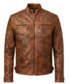 Men’s Distressed Waxed Real Leather Cafe Racer Jacket brown front view