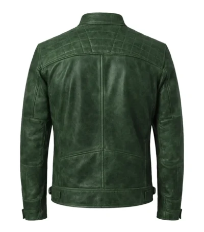 Men’s Distressed Waxed Real Leather Cafe Racer Jacket green back view