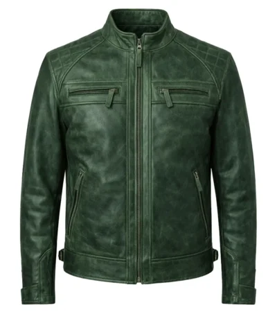 Men’s Distressed Waxed Real Leather Cafe Racer Jacket green front view