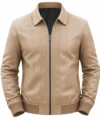 Men’s Parallel Stitched Vertical Lining Leather Bomber Jacket beige