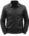 Men’s Parallel Stitched Vertical Lining Leather Bomber Jacket black