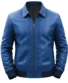 Men’s Parallel Stitched Vertical Lining Leather Bomber Jacket blue