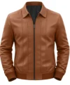 Men’s Parallel Stitched Vertical Lining Leather Bomber Jacket brown