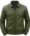 Men’s Parallel Stitched Vertical Lining Leather Bomber Jacket green