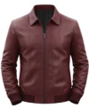 Men’s Parallel Stitched Vertical Lining Leather Bomber Jacket maroon